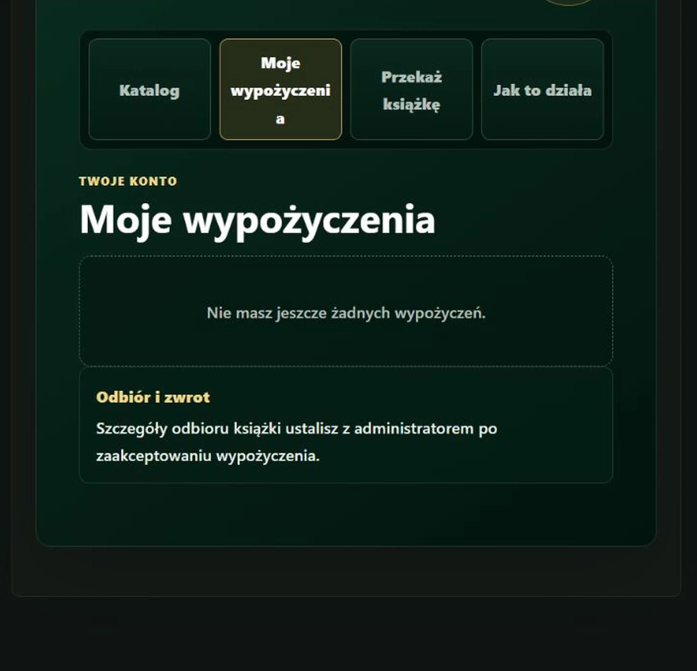 Zakładka Moje wypożyczenia w Bibliotece