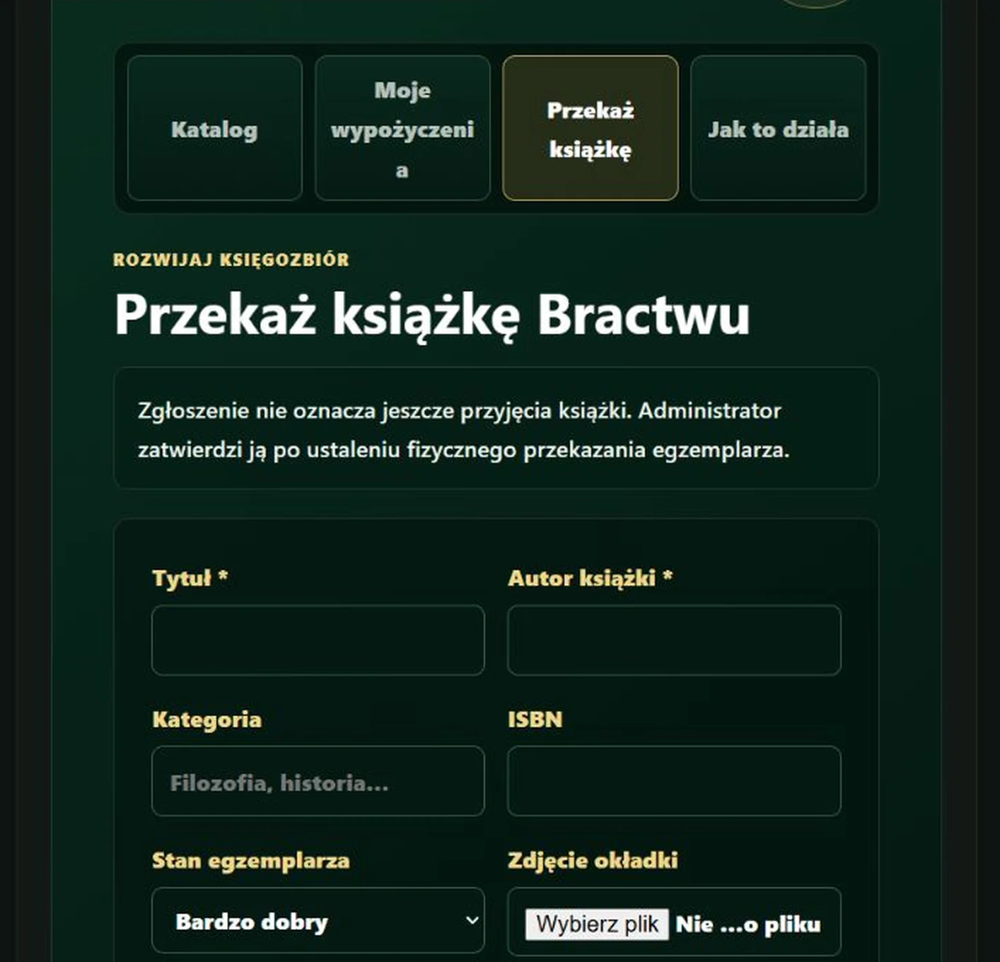 Formularz przekazania książki do Biblioteki Bractwa