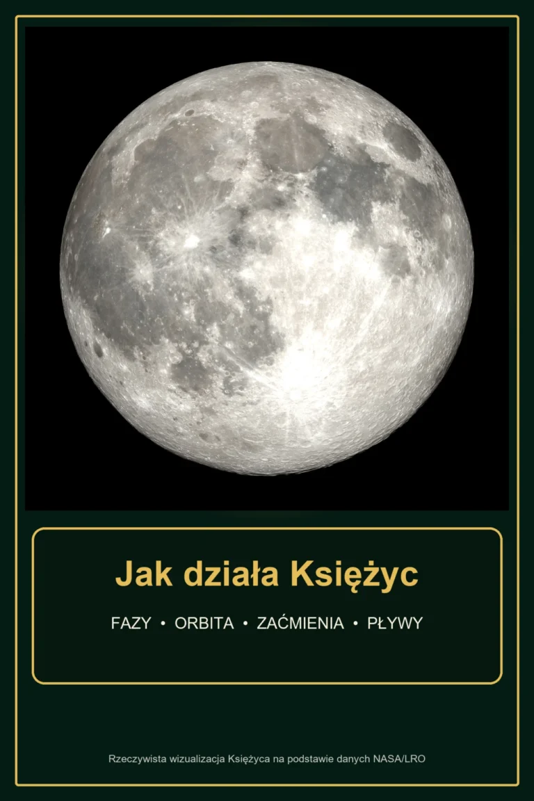 Wyraźna pełnia Księżyca na ciemnym tle z tytułem Jak działa Księżyc